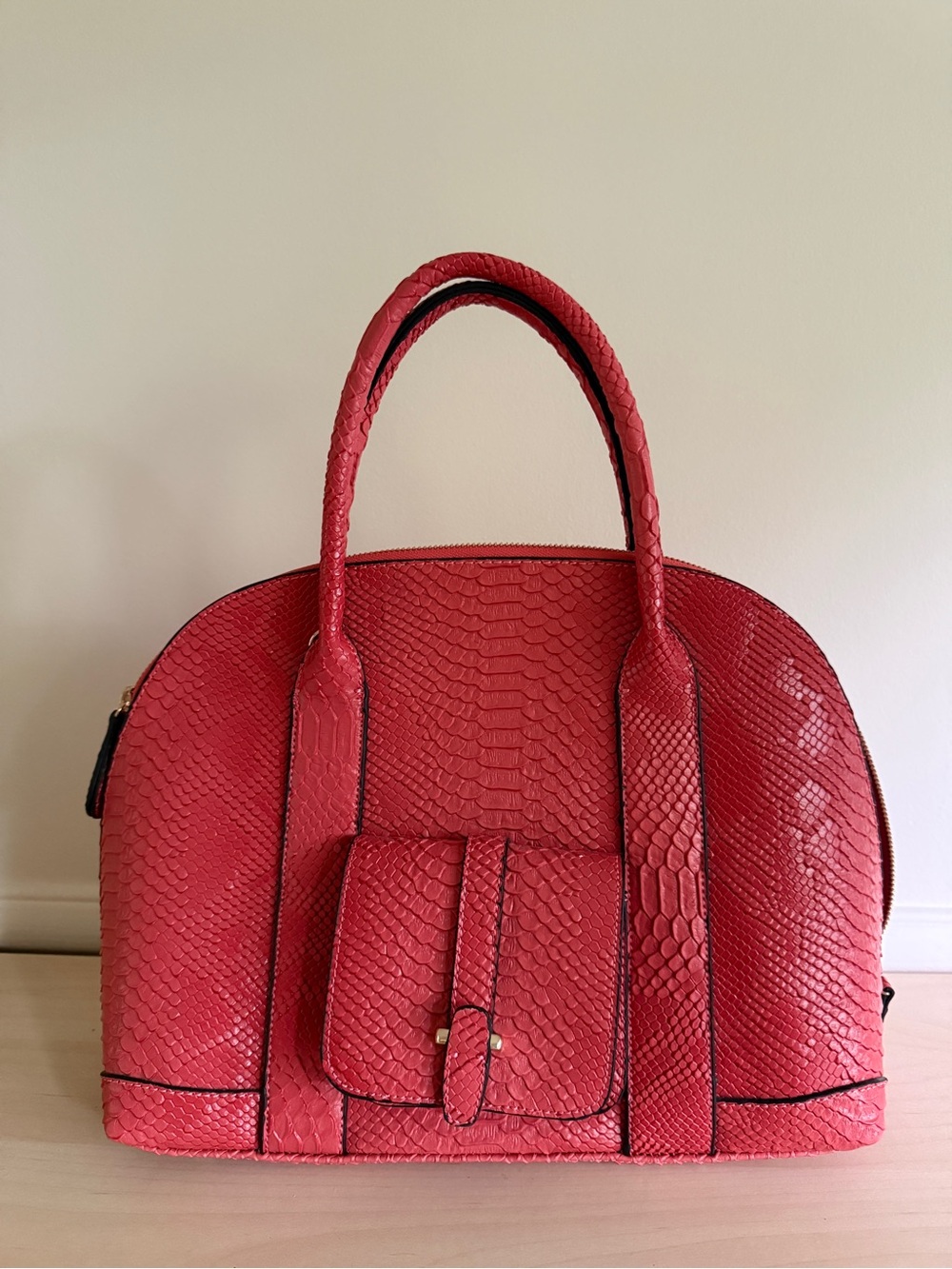 Red Python Snakeskin Embossed Dome Satchel Handbag